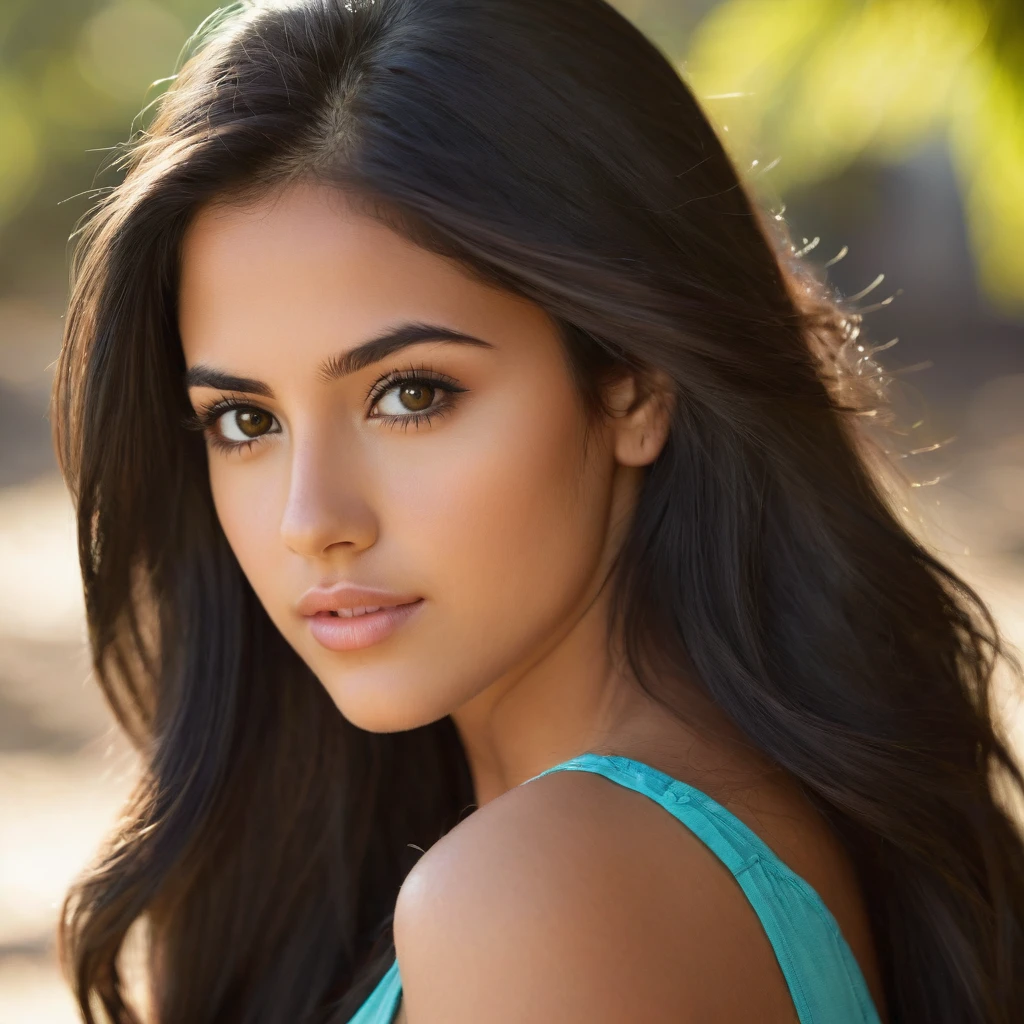 A photorealistic of a 21-year-old mexican girl  sexy with long, flowing dark hair and striking dark eyes. She should have a natural, approachable expression and be illuminated by soft, The background should be a scenic outdoor setting, perhaps a sunlit park or beach. Capture this image with a high-resolution photograph using an 85mm lens for a flattering perspective.