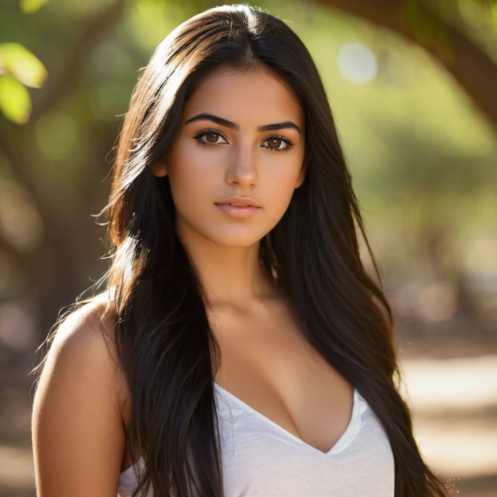 A photorealistic of a 21-year-old colombian girl with long, flowing dark hair and striking dark eyes. She should have a natural, approachable expression and be illuminated by soft, golden-hour sunlight. The background should be a scenic outdoor setting,sexy outfit. Capture this image with a high-resolution photograph using an 85mm lens for a flattering perspective.