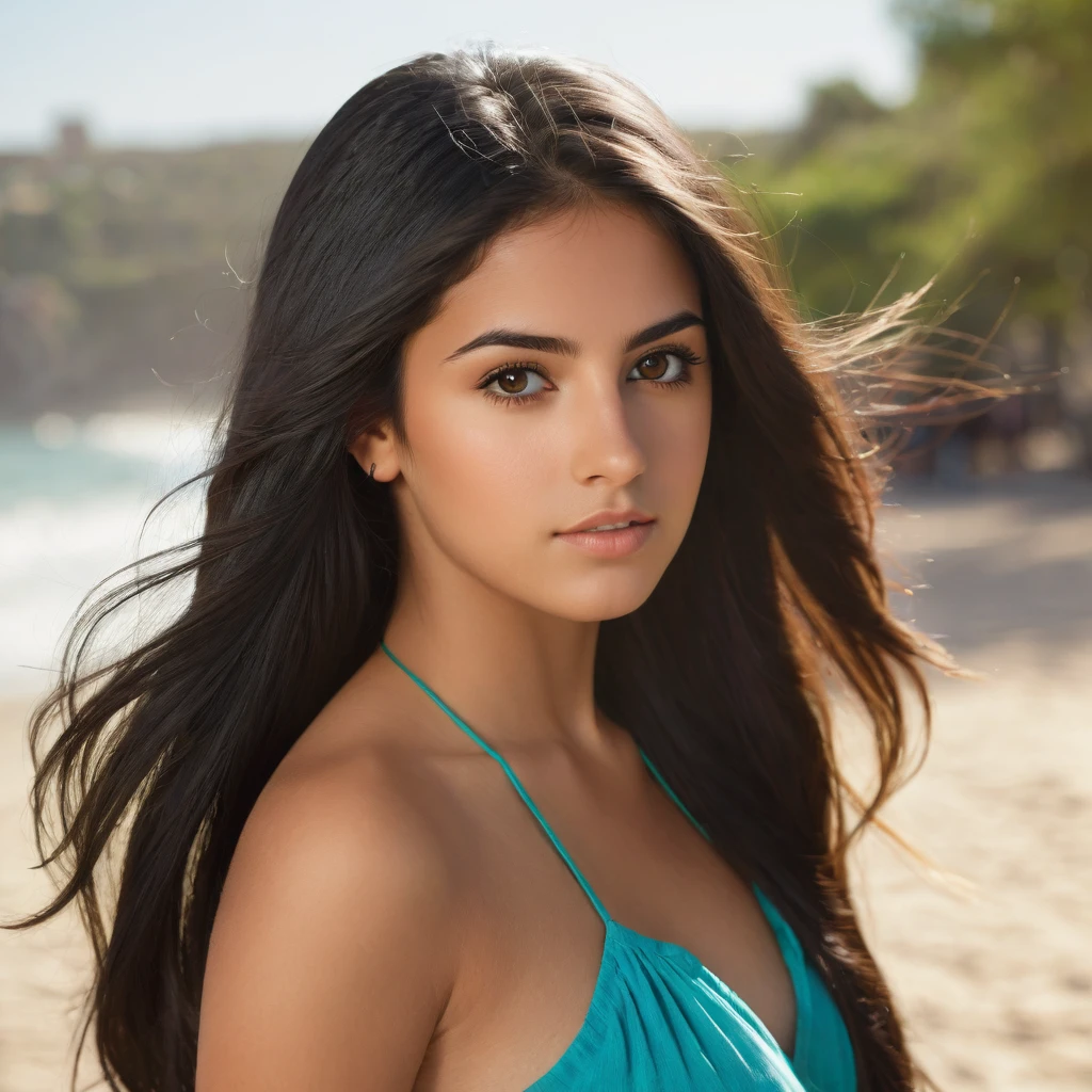A photorealistic of a 21-year-old mexican girl  sexy with long, flowing dark hair and striking dark eyes. She should have a natural, approachable expression and be illuminated by soft, The background should be a scenic outdoor setting, perhaps a sunlit park or beach. Capture this image with a high-resolution photograph using an 85mm lens for a flattering perspective.