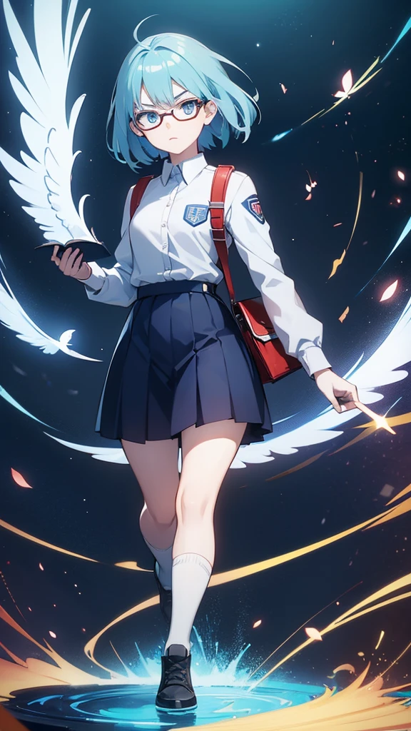 my hero academia screenshots, 16 year old age girl with very light blue hair, blue eyes, very pale skin, glasses, in the UA uniform, with red eagle wings on his back, serious expression looking to the side