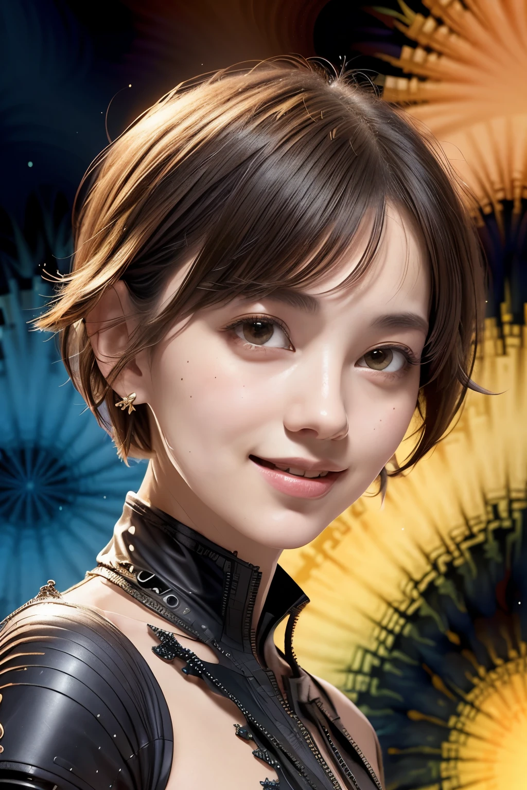 256 19-year-old female, (short hair),(Abstract background,Fractal Art:1.46), smile