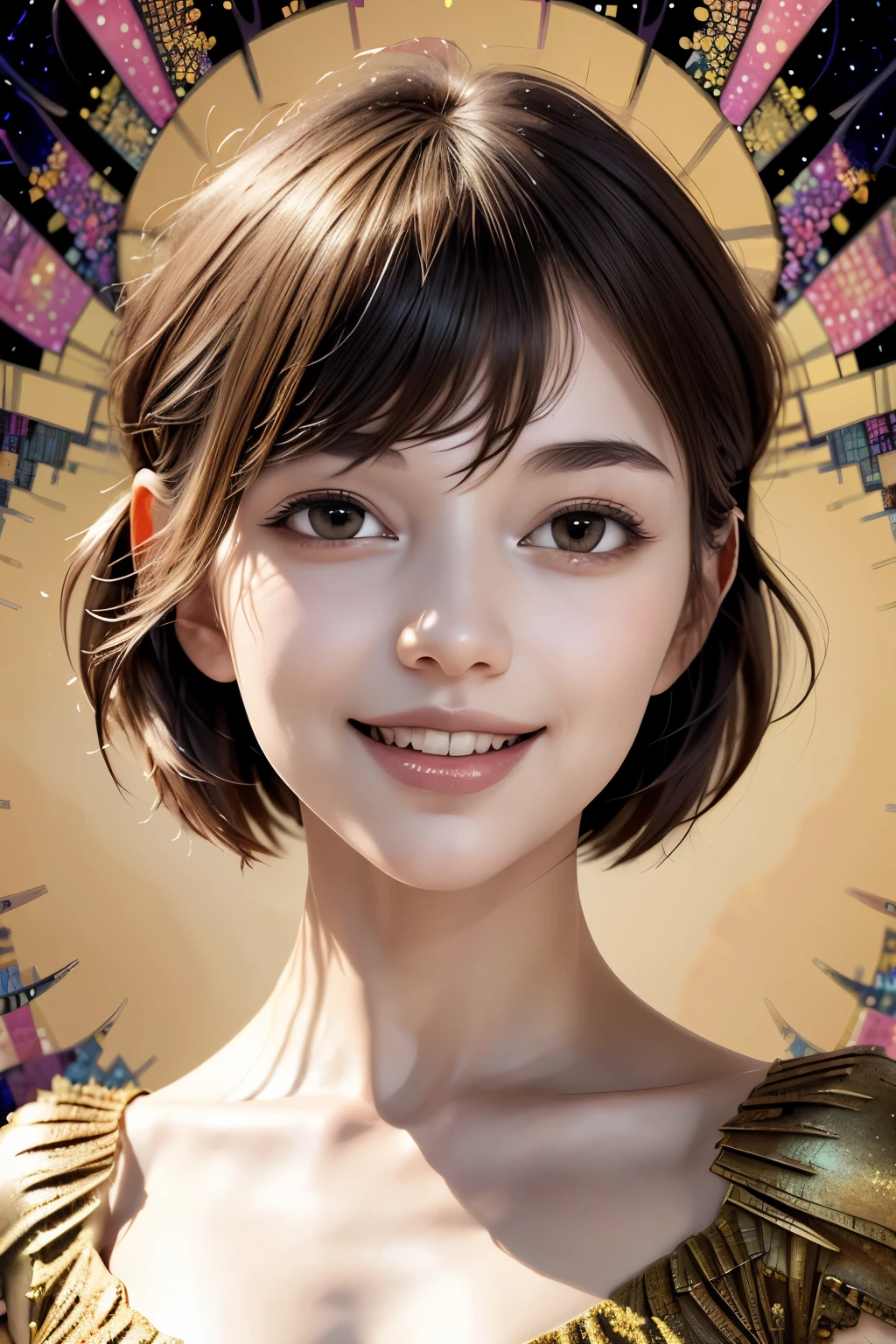 256 19-year-old female, (short hair),(Abstract background,Fractal Art:1.46), smile