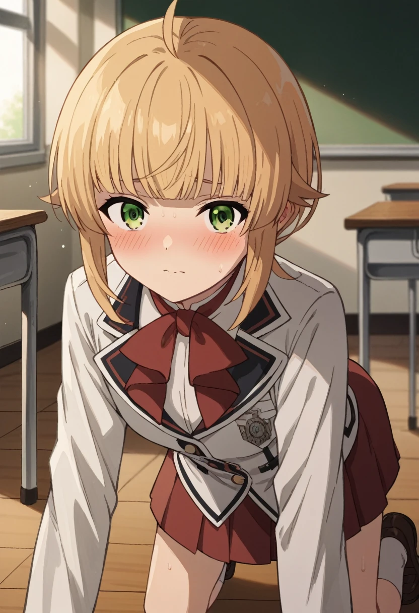 NSFW，from behind，
norngreyrat, norn greyrat, bangs, blonde hair, green eyes, ahoge,
long sleeves, bow，jacket, bowtie, red bow, skirt, red skirt, white jacket,
indoors, classroom, (embrassing,blush:1.2),(vapor:0.8),(Wet:0.8),(Sweat:0.8)，all fours，show off your panties，cute panties，
looking at viewer