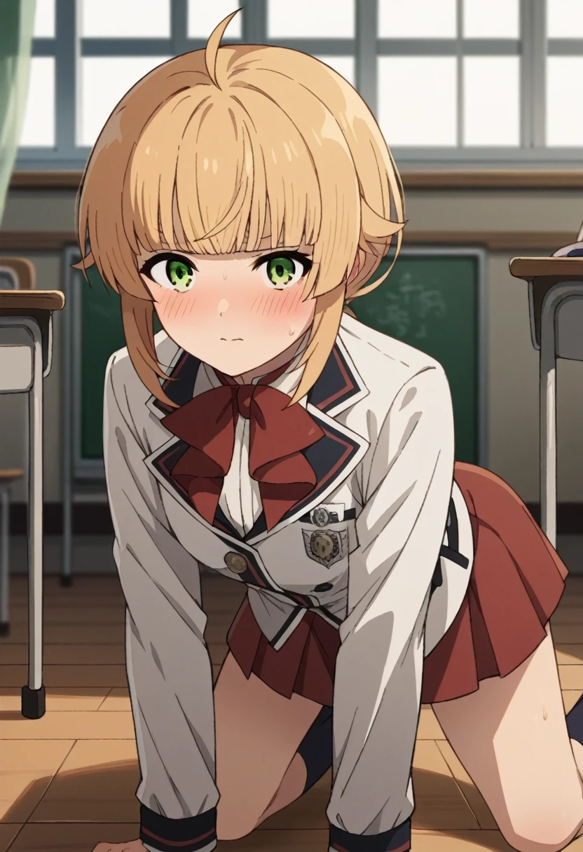 NSFW，from behind，
norngreyrat, norn greyrat, bangs, blonde hair, green eyes, ahoge,
long sleeves, bow，jacket, bowtie, red bow, skirt, red skirt, white jacket,
indoors, classroom, (embrassing,blush:1.2),(vapor:0.8),(Wet:0.8),(Sweat:0.8)，all fours，show off your panties，cute panties，
looking at viewer