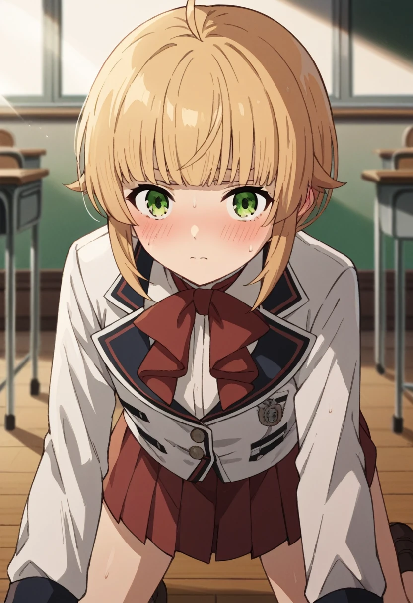 NSFW，from behind，
norngreyrat, norn greyrat, bangs, blonde hair, green eyes, ahoge,
long sleeves, bow，jacket, bowtie, red bow, skirt, red skirt, white jacket,
indoors, classroom, (embrassing,blush:1.2),(vapor:0.8),(Wet:0.8),(Sweat:0.8)，all fours，show off your panties，cute panties，
looking at viewer