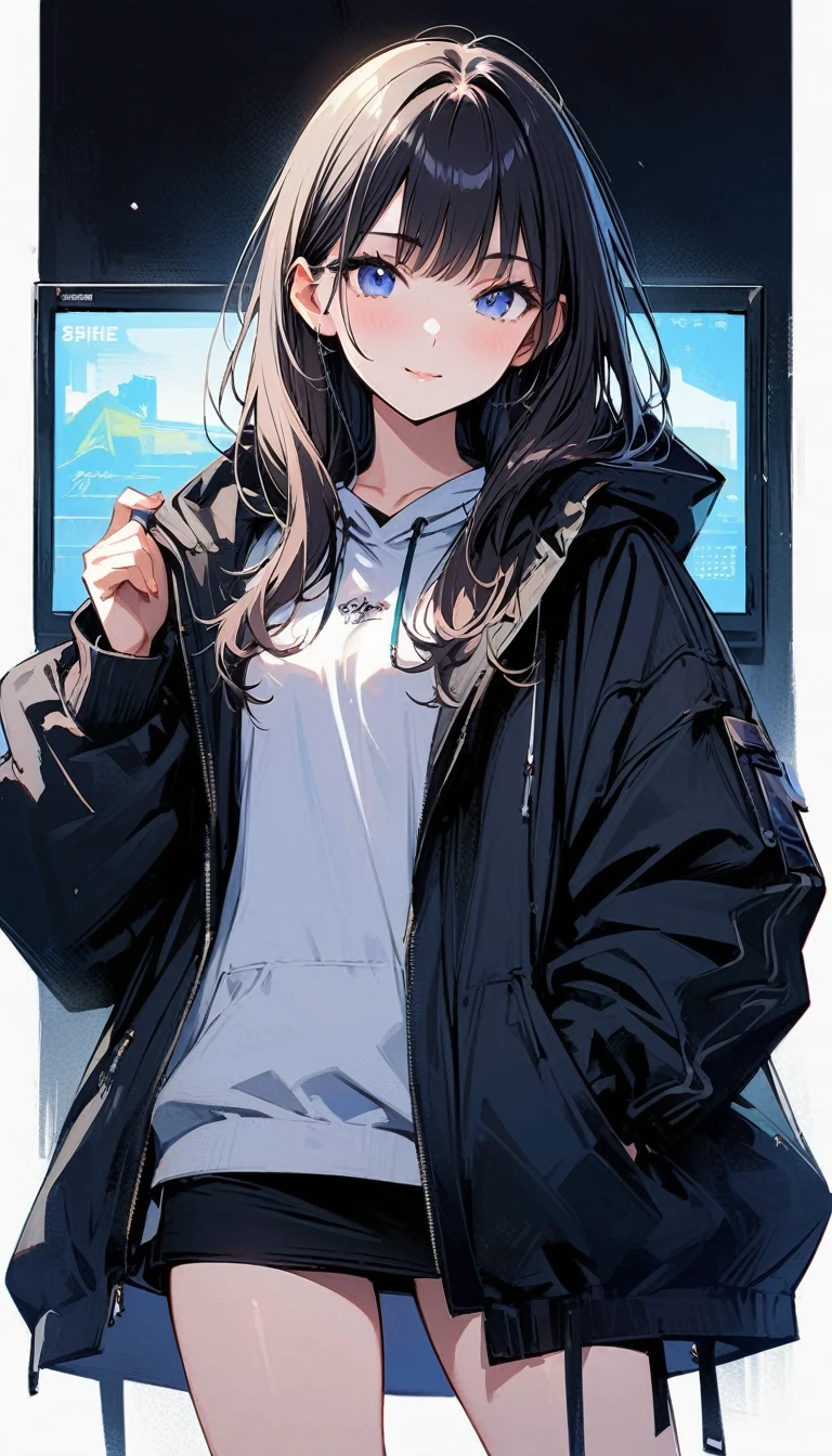 (masterpiece, best quality:1.2), 18 years old, very beautiful girl, alone, (tokyo coffee shop), Happy expression looking at the camera, blue eyes, Precise face, She is wearing a large flowing jacket, a short skirt, and sneakers., Bright screen, fragrant coffee, whole body, simple background, Nizi,