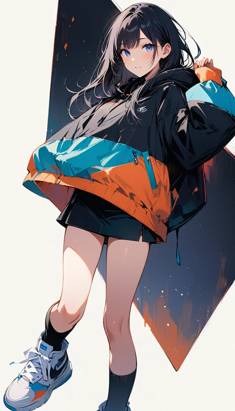 (masterpiece, best quality:1.2), 18 years old, very beautiful girl, alone, (tokyo coffee shop), Happy expression looking at the camera, blue eyes, Precise face, She is wearing a large flowing jacket, a short skirt, and sneakers., Bright screen, fragrant coffee, whole body, simple background, Nizi,