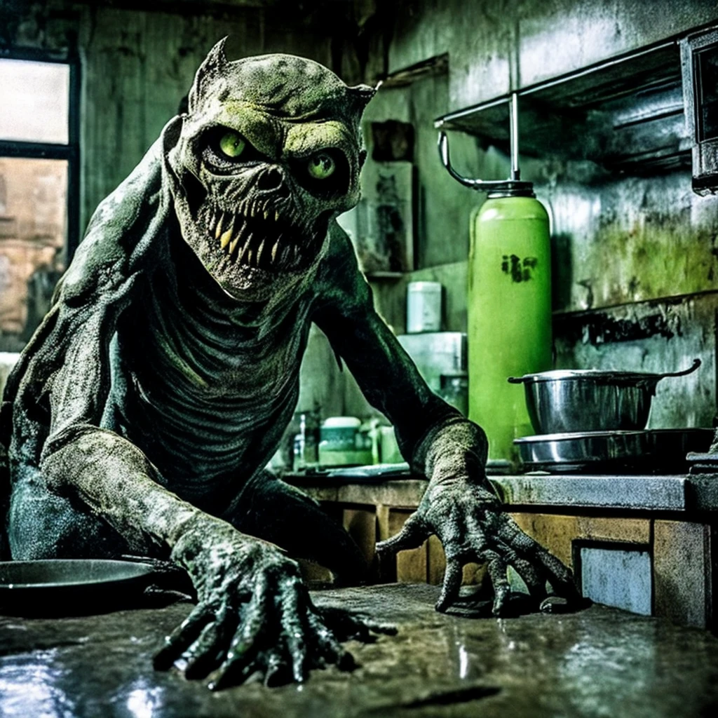 Big picture [Cat|monster:0.8] Sitting at a kitchen table in an abandoned warehouse, Shiny, slimy skin, Angry Eyes, Tom Savini