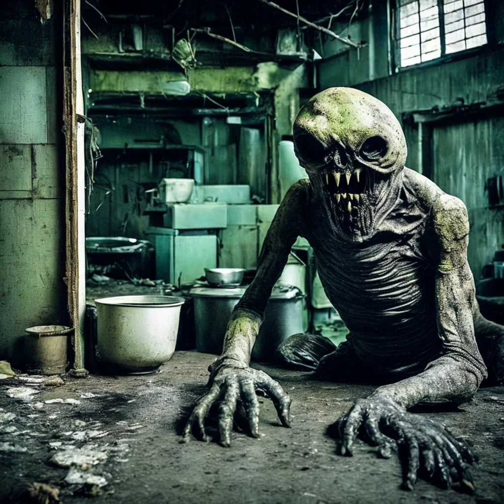 Big picture [Cat|monster:0.8] Sitting at a kitchen table in an abandoned warehouse, Shiny, slimy skin, Angry Eyes, Tom Savini