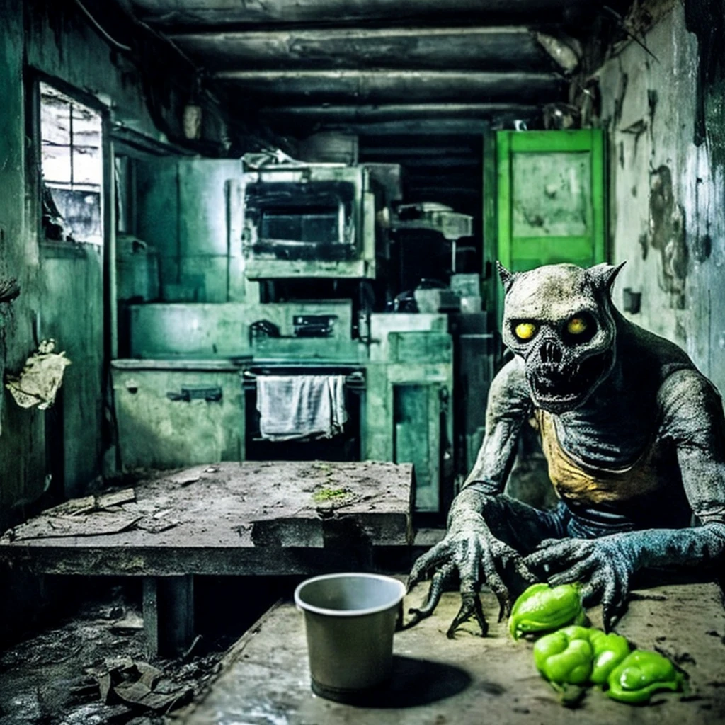 Big picture [Cat|monster:0.8] Sitting at a kitchen table in an abandoned warehouse, Shiny, slimy skin, Angry Eyes, Tom Savini