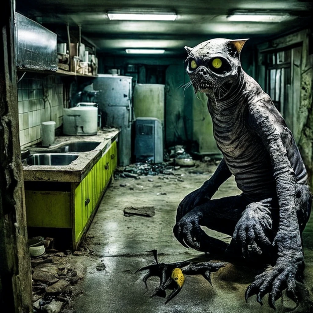 Big picture [Cat|monster:0.8] Sitting at a kitchen table in an abandoned warehouse, Shiny, slimy skin, Angry Eyes, Tom Savini