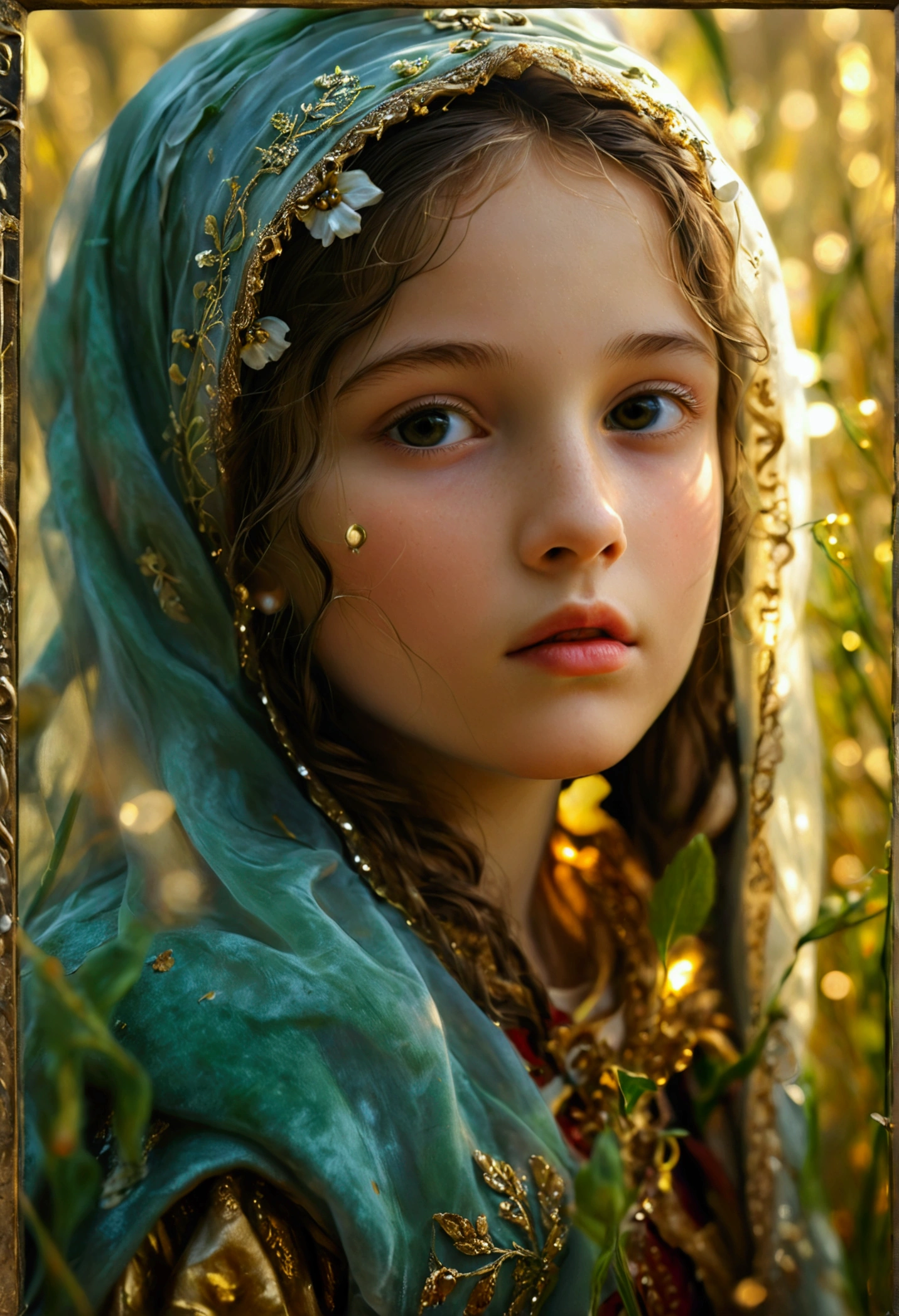 a 12 year old girl, veiled, saint, santa, in a lush grass field, detailed italian renaissance style religious painting, ornate gilded frame, dramatic chiaroscuro lighting, highly detailed, photorealistic, 8k, masterpiece