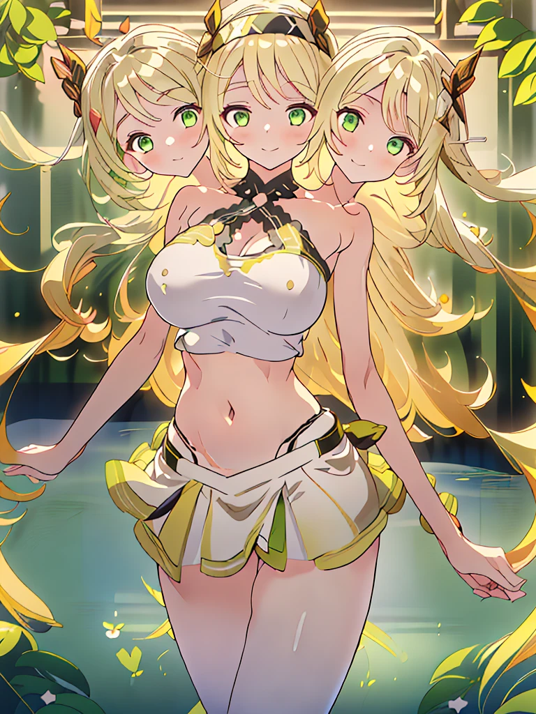 (masterpiece, best quality), best resolution, (3heads:1.5), 1girl, golden yellow hair, long flowing hair, smiling, seductive smile, open belly, light green-black crop top, light green-white miniskirt, open breasts, big tits, very huge tits, black headband, gold eyes, detailed eyes, beautiful eyes, alluring presence,
