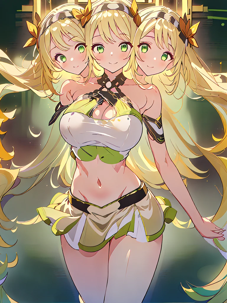 (masterpiece, best quality), best resolution, (3heads:1.5), 1girl, golden yellow hair, long flowing hair, smiling, seductive smile, open belly, light green-black crop top, light green-white miniskirt, open breasts, big tits, very huge tits, black headband, gold eyes, detailed eyes, beautiful eyes, alluring presence,