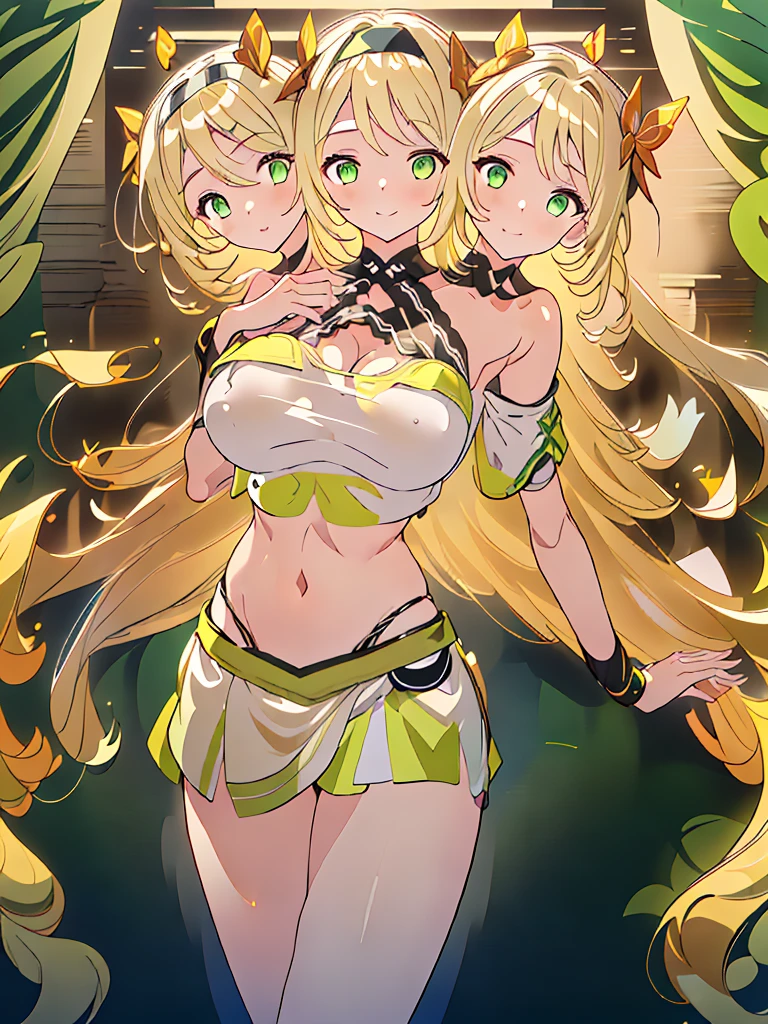 (masterpiece, best quality), best resolution, (3heads:1.5), 1girl, golden yellow hair, long flowing hair, smiling, seductive smile, open belly, light green-black crop top, light green-white miniskirt, open breasts, big tits, very huge tits, black headband, gold eyes, detailed eyes, beautiful eyes, alluring presence,
