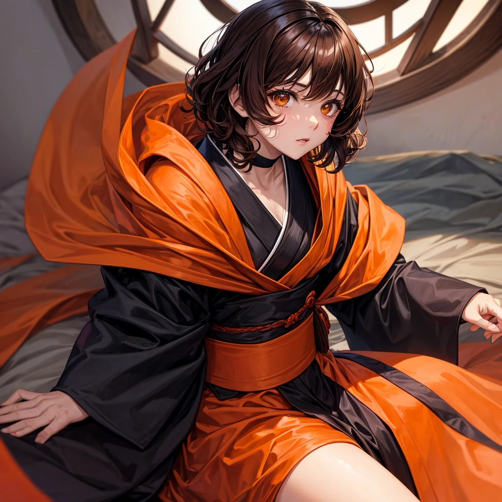 "comics demon slyar palette" girl with brown almond eyes and oval face , short curly brown hair, dressed in a black kimono and an orange blanket