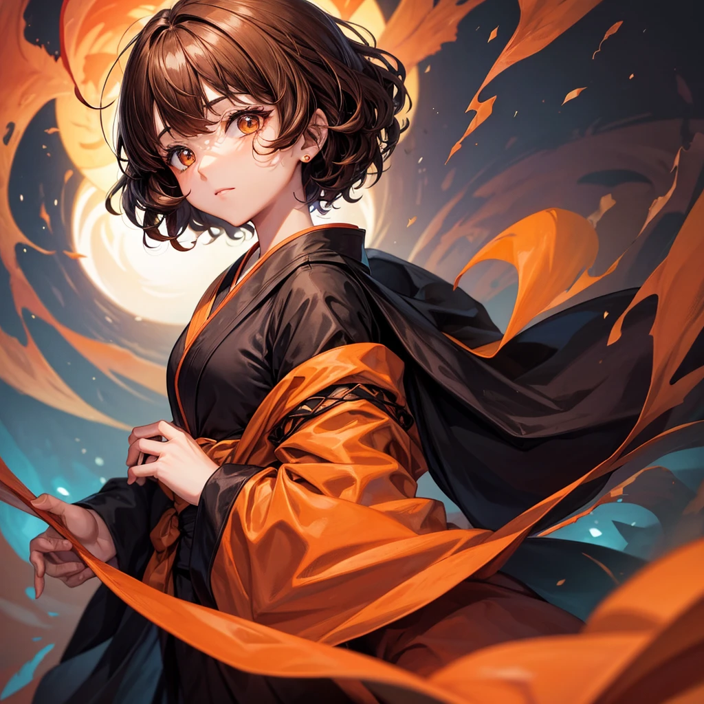 "comics demon slyar palette" girl with brown almond eyes and oval face , short curly brown hair, dressed in a black kimono and an orange blanket