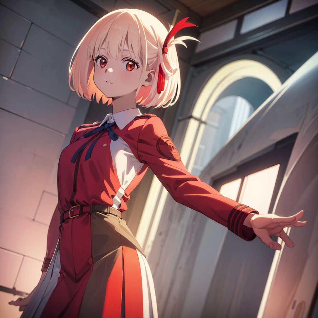 chisatonishikigi, nishikigi chisato, short hair, bangs, blonde hair, (red eyes:1.5), hair ribbon, one side up, bob cut, BREAK shirt, long sleeves, dress, ribbon, white shirt, collared shirt, belt, neck ribbon, red dress, blue ribbon, pleated dress, grey dress, two-tone dress, red belt, lycoris uniform,, BREAK outdoors, city, BREAK looking at viewer, BREAK (masterpiece:1.2), best quality, high resolution, unity 8k wallpaper, (illustration:0.8), (beautiful detailed eyes:1.6), extremely detailed face, perfect lighting, extremely detailed CG, (perfect hands, perfect anatomy),