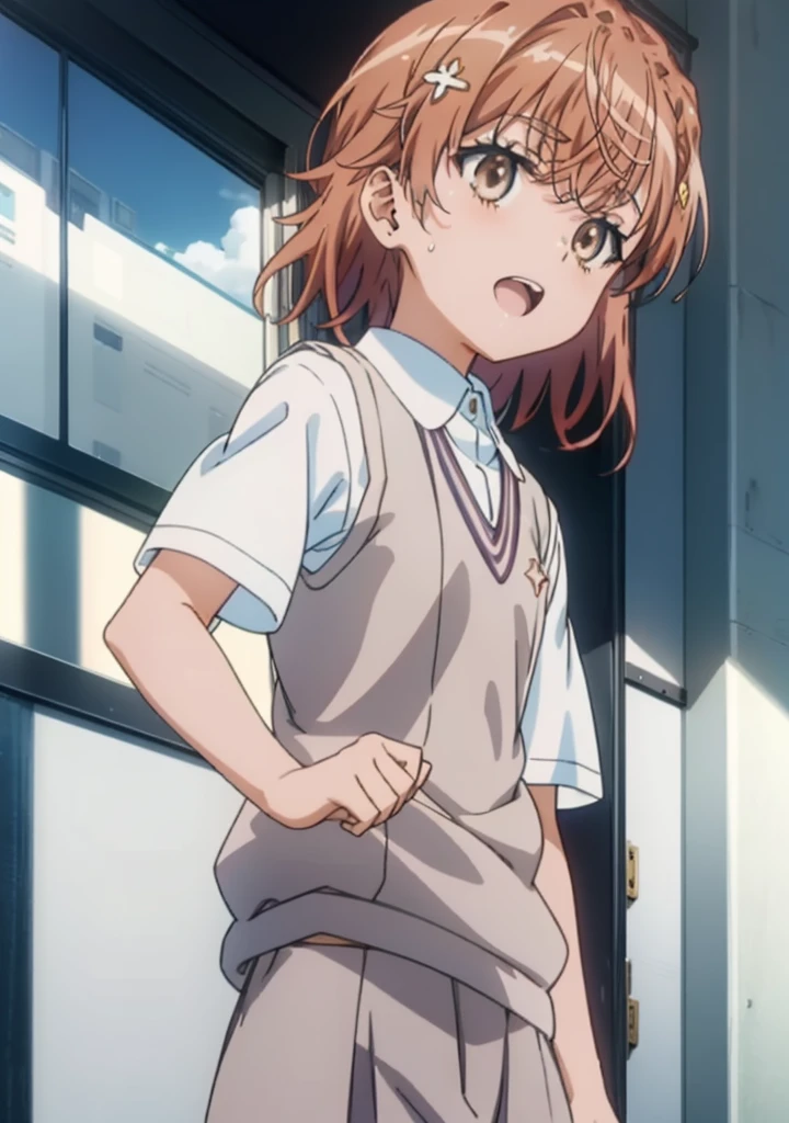 ​masterpiece, top-quality, misaka_mikoto, brown-eyed, Look at viewers, 独奏, short_hair, closed_mouth, collared_shirt, looking_at_viewer, school_uniform, short shirt, white_shirt, no skirt.medium_breast, ‎Classroom、show off panties,erected silhouette