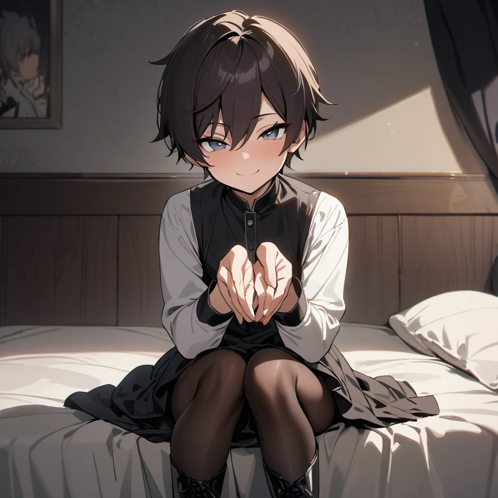 1boy, dark hair, short hair, , poker face, flat expression, no expression, panty dress, smile, boots, sitting, bed, masterpiece, best quality, highres, nice hands, perfect hands,