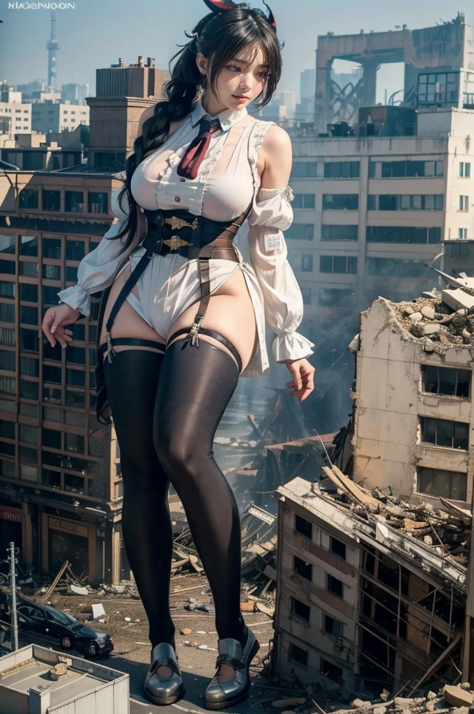Standing on top of a ruined building、The building collapses、Urban hustle and bustle、Traffic jam、City of Rubble、street tree、((((Azur Lane Cheshire Cosplay))))、Frilled maid outfit、Super huge breasts、Plump thighs、Ground View,City of Giants,500 foot tall giant girl,skyscraper,Has super long legs,Step into the crowd,There are many people on the street,Knee-high socks,A happy look,Standing on the ruins,Beautiful appearance,Exquisite makeup,quality,8K,高quality,Perfect Proportions, Cinema Lighting,Film Grain,The Colors of Fuji,8K,Textured skin,Super Detail,High detail,high quality,High resolution,explode,False Smile,Show your pants、Reaching out