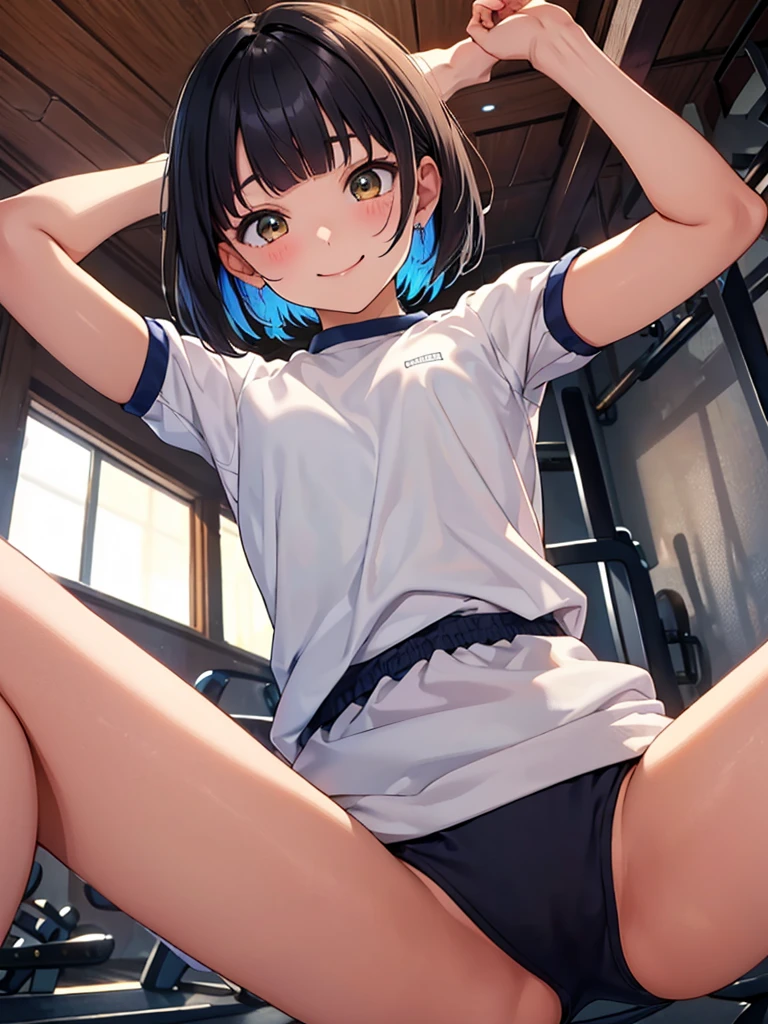 (((Smile)))、One Face、 (((A very cute face like a top Japanese idol)))、glowing eye、(((face focus)))、One age girl, (((Short Hair ))), Composition from the front、(((Black Hair)))、(((looking at the camera)))、(((Tight gym clothes)))、(((blunt bangs)))、(((Bloomers)))、((Highest quality)), ((masterpiece)),(detailed),High resolution,Sharp focus,Perfect Face,{Best illustrations}, (非常にdetailed CG unity 8k wallpaper),(((Vibrant colors))),Official Art, shiny 肌,very shiny 肌,Shiny body,plastic glitter 肌,exaggerated shiny 肌,Glowing Skin, ((detailedなボディ)),((detailedな顔))、(((gym)))、french braid、Spread your legs