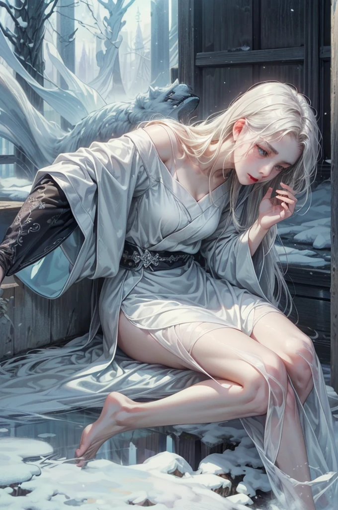 a snow ghost, fantasy creature, impersonal, translucent, skin like ice, long flowing hair, small tendrils, glowing eyes, snowflake pattern, winter landscape, Japanese legend, frozen lake, bare tree, soft light, (best quality,4k,8k,highres,masterpiece:1.2),ultra-detailed,(realistic,photorealistic,photo-realistic:1.37),studio lighting,ultra-fine painting,sharp focus,physically-based rendering,extreme detail description,professional,vivid colors,bokeh,portrait,concept art,muted color palette,incredible light,complicated details