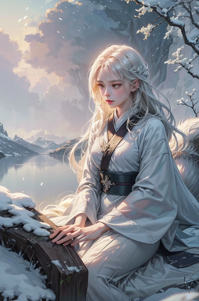 a snow ghost, fantasy creature, impersonal, translucent, skin like ice, long flowing hair, small tendrils, glowing eyes, snowflake pattern, winter landscape, Japanese legend, frozen lake, bare tree, soft light, (best quality,4k,8k,highres,masterpiece:1.2),ultra-detailed,(realistic,photorealistic,photo-realistic:1.37),studio lighting,ultra-fine painting,sharp focus,physically-based rendering,extreme detail description,professional,vivid colors,bokeh,portrait,concept art,muted color palette,incredible light,complicated details