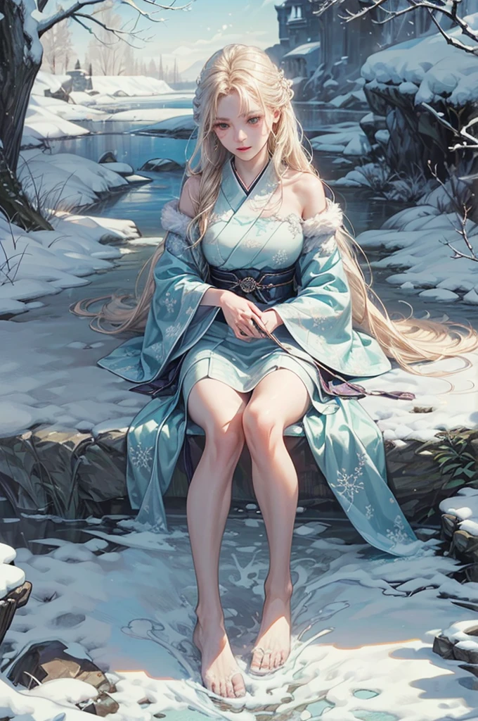 a snow ghost, fantasy creature, impersonal, translucent, skin like ice, long flowing hair, small tendrils, glowing eyes, snowflake pattern, winter landscape, Japanese legend, frozen lake, bare tree, soft light, (best quality,4k,8k,highres,masterpiece:1.2),ultra-detailed,(realistic,photorealistic,photo-realistic:1.37),studio lighting,ultra-fine painting,sharp focus,physically-based rendering,extreme detail description,professional,vivid colors,bokeh,portrait,concept art,muted color palette,incredible light,complicated details