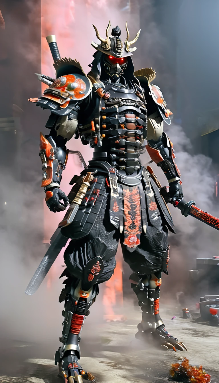 A cyborg samurai-like creature in action、Launch an attack on the enemy, FW Murano Style, Pitch black smoke coming out, Vibrant Color Blast, Incredibly detailed, dark, Key Visual, Atmospheric, Very realistic, Attention to detail and texture, Ray Tracing