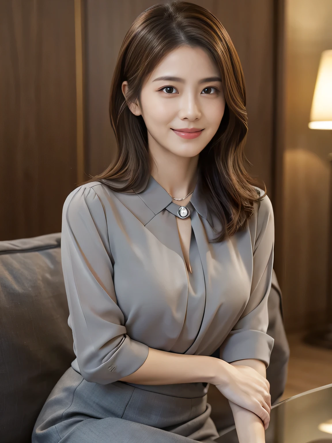 (Raw Photo), (Photorealsitic), (Masterpiece), (Best Quality), High Resolution, 8K, (Intricate Details), (Voluminous Light), Portrait, Female, (50 Years Old), Medium Hair, Straight Hair , layered hair, brown hair, very fine eyes, source order, very fine eyebrows, very fine skin, very fine mouth, very fine nose, cute like an idol, happy smile, (thick lips), (looking at the viewer), (elegant gray blouse and black skirt), waist shot, Random body orientation,