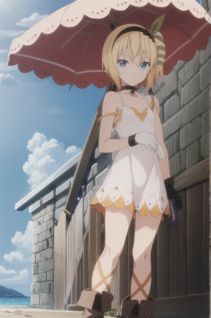 ((masterpiece)),((Highest quality)),Very detailed,Raising awareness,Explicit,beautiful body,beautiful Nose,beautiful character design,Perfect Eyes,Perfect Face,wallpaper,Ultra-high resolution,4K,photograph,(beautiful,Small breasts:1.2),(beautiful顔:1.2),beautiful足,Perfect Legs,Shiny skin,Official Style,Browsing Caution,Official Art,Create a screen capture,Anime Coloring,
One Girl,alone,umbrella,blonde,short hair,choker,Side Ponytail,ribbon,blue eyes,black choker,gloves,leg ribbon,片手gloves,hair band,whole body,hair ribbon,dress,View your viewers,tress ribbon,boots,Are standing,white dress,skirt,clavicle,Beach,Outdoor,Day,