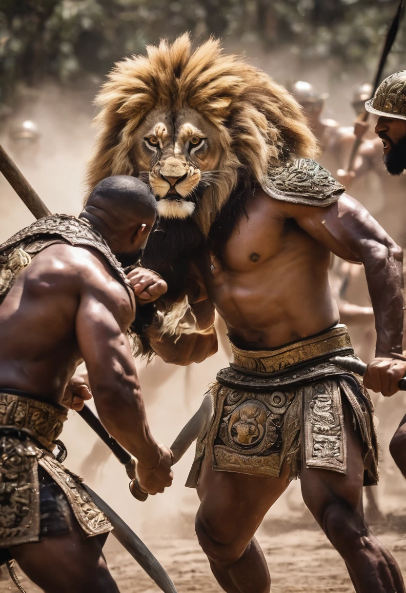 Video of muscular warriors with lion faces fighting