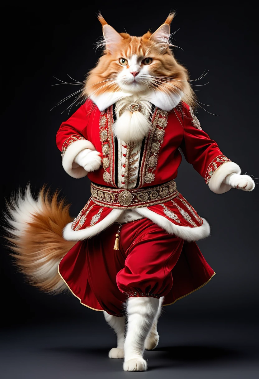 Realistic portrait of a dressed animal - plump long-haired red and white Maine Coon cat, Dancer,(Dynamic action poses of Cossack dance),  high quality,(Lovely) ,Intricate details, Very detailed ((Cossack dance costume)) ,Very detailed decorations,, (Happy), Studio Lighting,(Full body image:1.5)