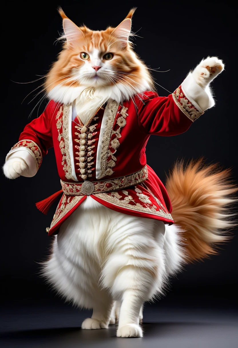 Realistic portrait of a dressed animal - plump long-haired red and white Maine Coon cat, Dancer,(Dynamic action poses of Cossack dance), high quality,(Lovely) ,Intricate details, Very detailed ((Cossack dance costume)) ,Very detailed decorations,, (Happy), Studio Lighting,(Full body image:1.5)