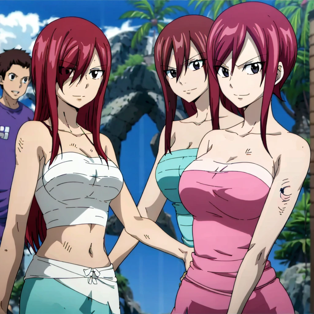 masterpiece, anime style, beach, best quality, highres, fairy tail, 2 similar girls , big breasts, collarbone, midriff, sarashi wrap, standing, insane mentally unstable smile,mature woman, tall, short hair, pale skin