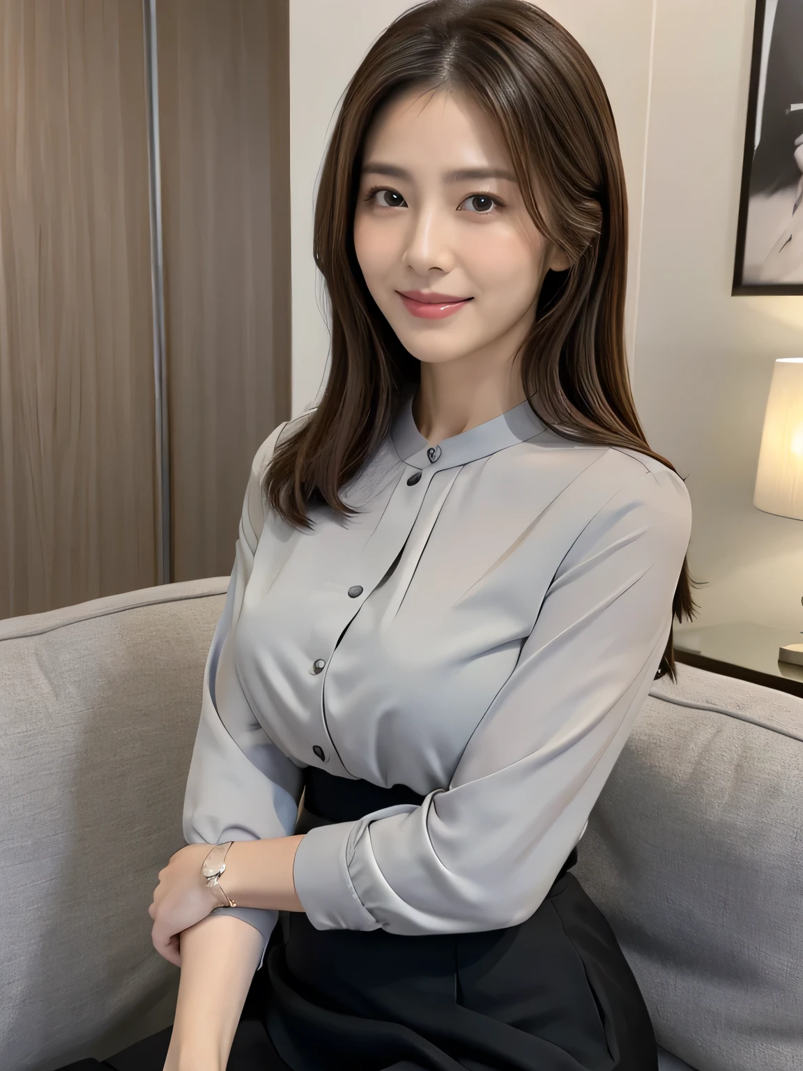 (Raw Photo), (Photorealsitic), (Masterpiece), (Best Quality), High Resolution, 8K, (Intricate Details), (Voluminous Light), Portrait, Female, (50 Years Old), Medium Hair, Straight Hair , layered hair, brown hair, very fine eyes, source order, very fine eyebrows, very fine skin, very fine mouth, very fine nose, cute like an idol, happy smile, (thick lips), (looking at the viewer), (elegant gray blouse and black skirt), waist shot, Random body orientation,