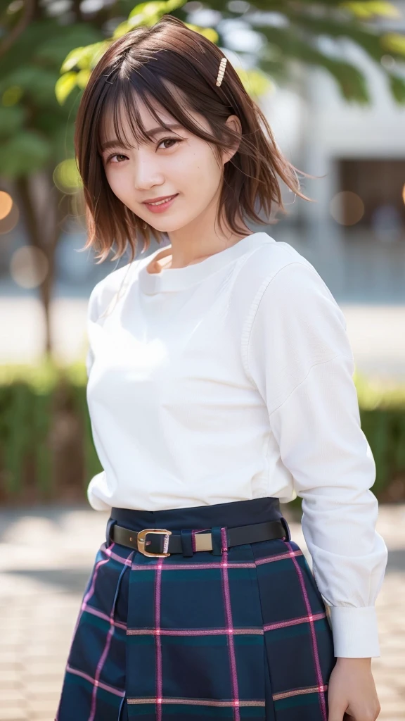(Skin wounds:1.2), (Skin Dentition), black eye, 1woman, Age 25, (((woman))), alone, Realistic, Highest quality, photoRealistic, masterpiece, 8K, High resolution, alone, Highly detailed face, (Professional Lighting, Bokeh), (Particles of light, Lens flare, Glowing particles:0.6), (Dynamic pose:1.2), Soft lighting, View from above, Fashionable and trendy atmosphere, Japan, street, city, Tokyo, port, ((Daytime)), null, ((Looking at the audience:1)), (Looking into the camera),(Portraiture:0.6), Cowboy Shot, nice, Are standing, Maintain the original face proportions, Broad shoulders, whole body, (Small breasts), (short hair), Brown Hair, Floating Hair, lips, lipstick, seductive smile, Floating Hair, smile, Open_mouth, teeth, (White blouse without sleeves), (Jumper skirt), eyelash, Mole, (Mole under eye:1),