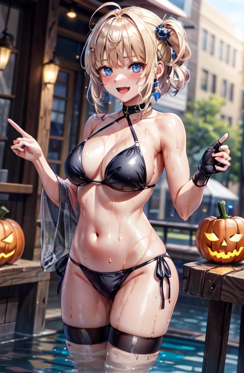woman,, ((Tavern)), ((restaurant)), (((Black Bikini, Wet Bikini, See-through bikini, Thigh focus))),Open mouth smiling, ((There are two stray hairs coming out of my head.)), ((hair ornaments)), ((Baby girl body type)), One girl, Artoria Pendragon,destiny,aphrodisiac,Lie,Things to know,Wet Area, Areol, defenseless,Embarrassing,Be embarrassed,Knead the milk,Milk is important,Len,Breast milk, Knight King,Noble,ring,既婚woman, Pointing straight up, (Highest quality:1.1), (masterpiece:1.4), (Absurd:1.0), Portrait, Close-up, One girl、Momoberia Deviluke、hair ornaments、Beautiful bob cut、Beautiful Short Hair、Emerald blue eyeid-chest、Watching the audience、(blush:1.2)、Embarrassed look、Mesh pantyhose、Black background、((Pumpkin lantern)), Striped pattern, ((Has a troubled look)), ((There are Western-style sweets everywhere.)), ((Cute gestures))