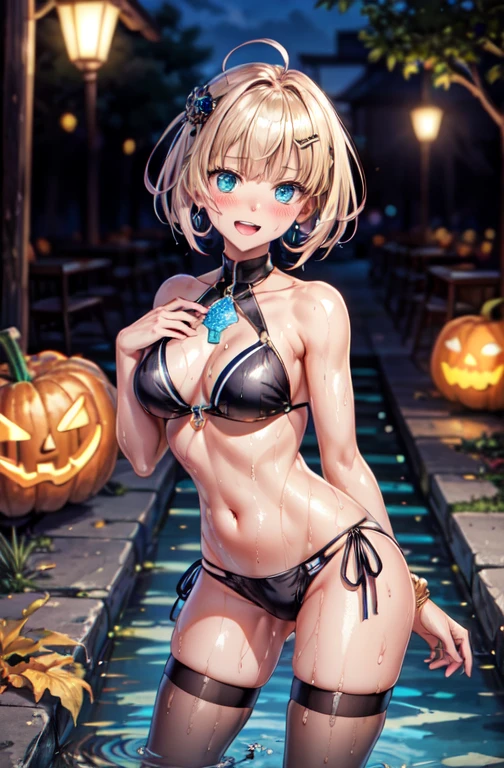 woman,, ((Tavern)), ((restaurant)), (((Black Bikini, Wet Bikini, See-through bikini, Thigh focus))),Open mouth smiling, ((There are two stray hairs coming out of my head.)), ((hair ornaments)), ((Baby girl body type)), One girl, Artoria Pendragon,destiny,aphrodisiac,Lie,Things to know,Wet Area, Areol, defenseless,Embarrassing,Be embarrassed,Knead the milk,Milk is important,Len,Breast milk, Knight King,Noble,ring,既婚woman, Pointing straight up, (Highest quality:1.1), (masterpiece:1.4), (Absurd:1.0), Portrait, Close-up, One girl、Momoberia Deviluke、hair ornaments、Beautiful bob cut、Beautiful Short Hair、Emerald blue eyeid-chest、Watching the audience、(blush:1.2)、Embarrassed look、Mesh pantyhose、Black background、((Pumpkin lantern)), Striped pattern, ((Has a troubled look)), ((There are Western-style sweets everywhere.)), ((Cute gestures))