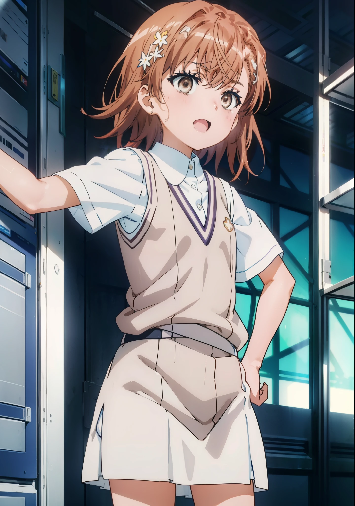 superior_Mikoto, 1 person, solo,
(Awareness-raising:1.1)、(Best image quality)、(masterpiece:1.1)、(Beautiful and vivid background:1.25)、(the Extremely detailed CG Unity 8K Wallpapers:1.1)、(colorful:0.9)、(Depth of written boundary:0.75)、(splashing ink:0.95)、(Splashes of color:0.85)、(Watercolor:0.65)、
(Cowboy Shot:1.4)、(uniform:1.4)、:d、Earrings、見superiorげる_in_Audience、outside of home、sunny day、detailed blue sky、((Grey hort sleeve white shirt)、Light brown sleeveless cardigan、Electric shock