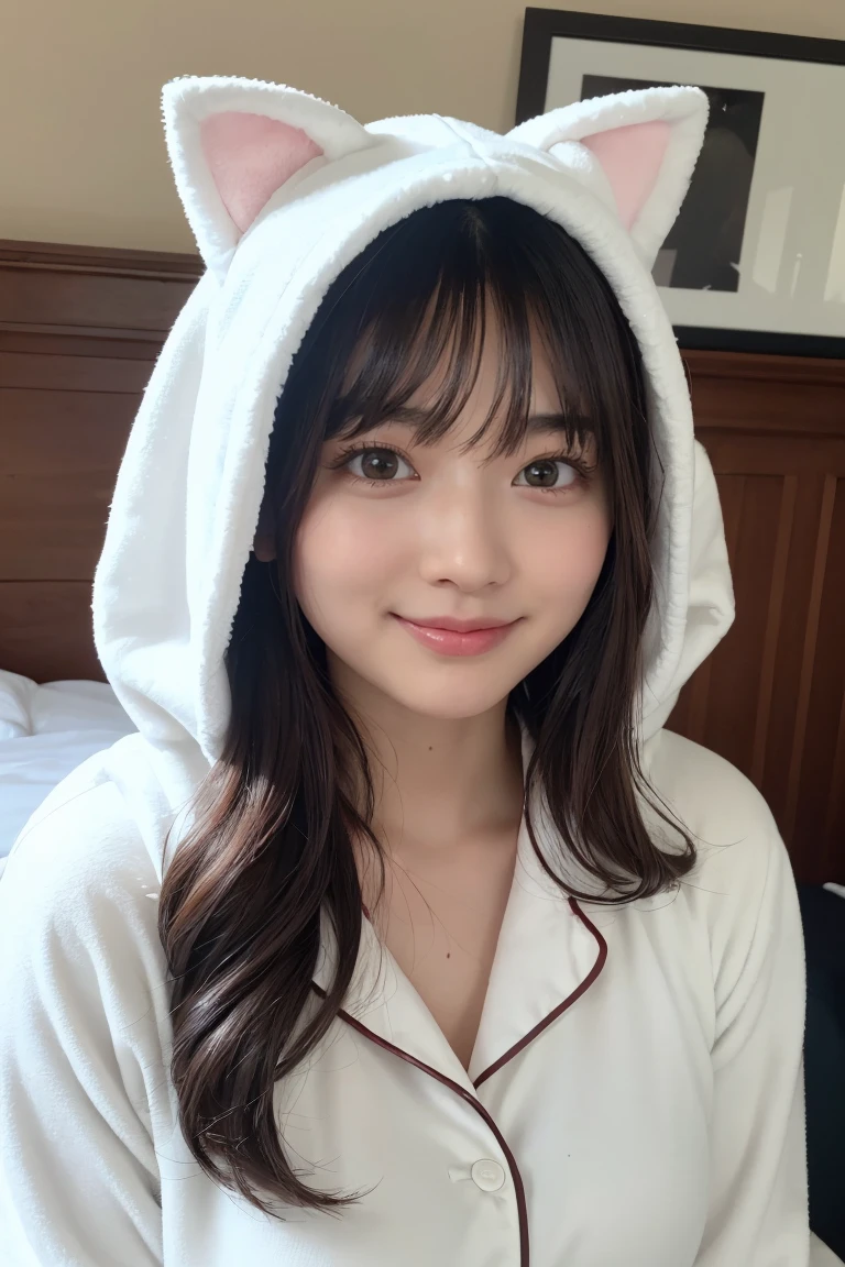 one girl, (a beauty girl, delicate girl:1.3), (Age 25:1.3),
break, (White fluffy kigurumi pajamas, Cat costume:1.2), (Upper Body:1.2),
break, Definition of very fine particles, (Symmetrical eyes:1.3),
break, (Bedroom:1.3), 
break, Small breasts, Brown eyes, Parted bangs, Brown Hair,  girl,
break, (Eye and facial details:1.0),
break, (masterpiece, Highest quality, Very detailed, Detailed face, 8K)、Upper Bodyは裸、Nipples sticking out、smile、