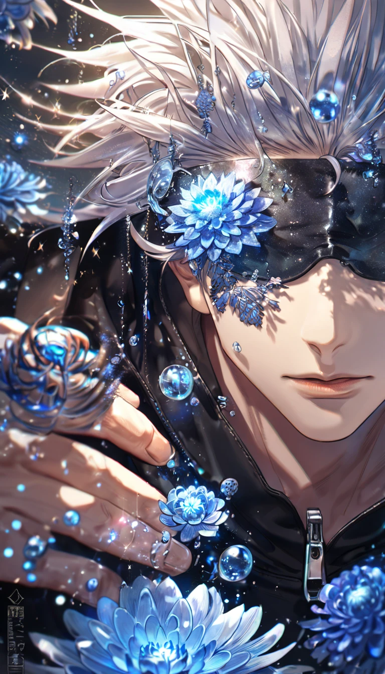 absurdres, highres, ultra detailed, HDR, master piece, best quality, extremely detailed, Gojou Satoru, white hair, slicked up hair, blindfolded, Jujutsu Kaisen, solo, sexy man, handsome, zip-up black jacket, fantasy, water, sparkling, blue glittering fireflies, blue moon, blue blossoms, blue chrysanthemums, blue sparkling lights, starry sky