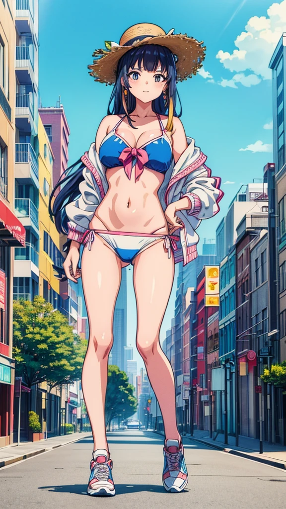 masterpiece　　Unreal Engine　Anime Style　Delicate painting　4K　90's　giant　Multiple Girls　crowd　 　Local metropolis　Residential Street　apartment　Apartment　　((高層apartment街の谷間に立っている巨大なBikini Swimwearの女の子)) blue sky　cumulonimbus　sun shine　Bikini Swimwear　paola　sneakers　Straw hat　　smile　female giant giant girl Whole body 　 Destroyed skyscrapers Destroyed cars Crowd Unreal Engine,cleavage ,a drawing of a , earrings, long hair, 1980s (style) Cute picture　Beauty　Analog style　whole body　sneakers　