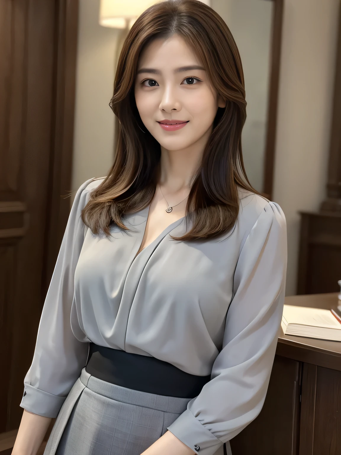 (Raw Photo), (Photorealsitic), (Masterpiece), (Best Quality), High Resolution, 8K, (Intricate Details), (Voluminous Light), Portrait, Female, (50 Years Old), Medium Hair, Straight Hair , layered hair, brown hair, very fine eyes, source order, very fine eyebrows, very fine skin, very fine mouth, very fine nose, cute like an idol, happy smile, (thick lips), (looking at the viewer), (elegant gray blouse and black skirt), waist shot, Random body orientation,