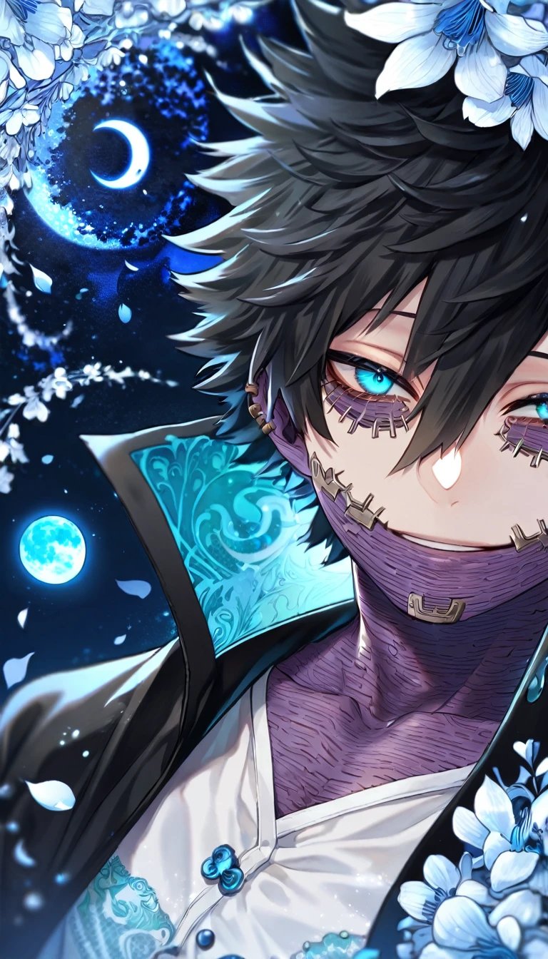 absurdres, highres, ultra detailed, HDR, master piece, Dabi, black hair, expressive turquoise eyes, Boku No Hero Academia, sexy man, solo, handsome, best quality, delicate features, blue moon, blue flowers, fantasy, magical, water, blue shining fireflies, blue petals, black coat with a high collar, white shirt, handsome smile, extremely detailed face, blue flames