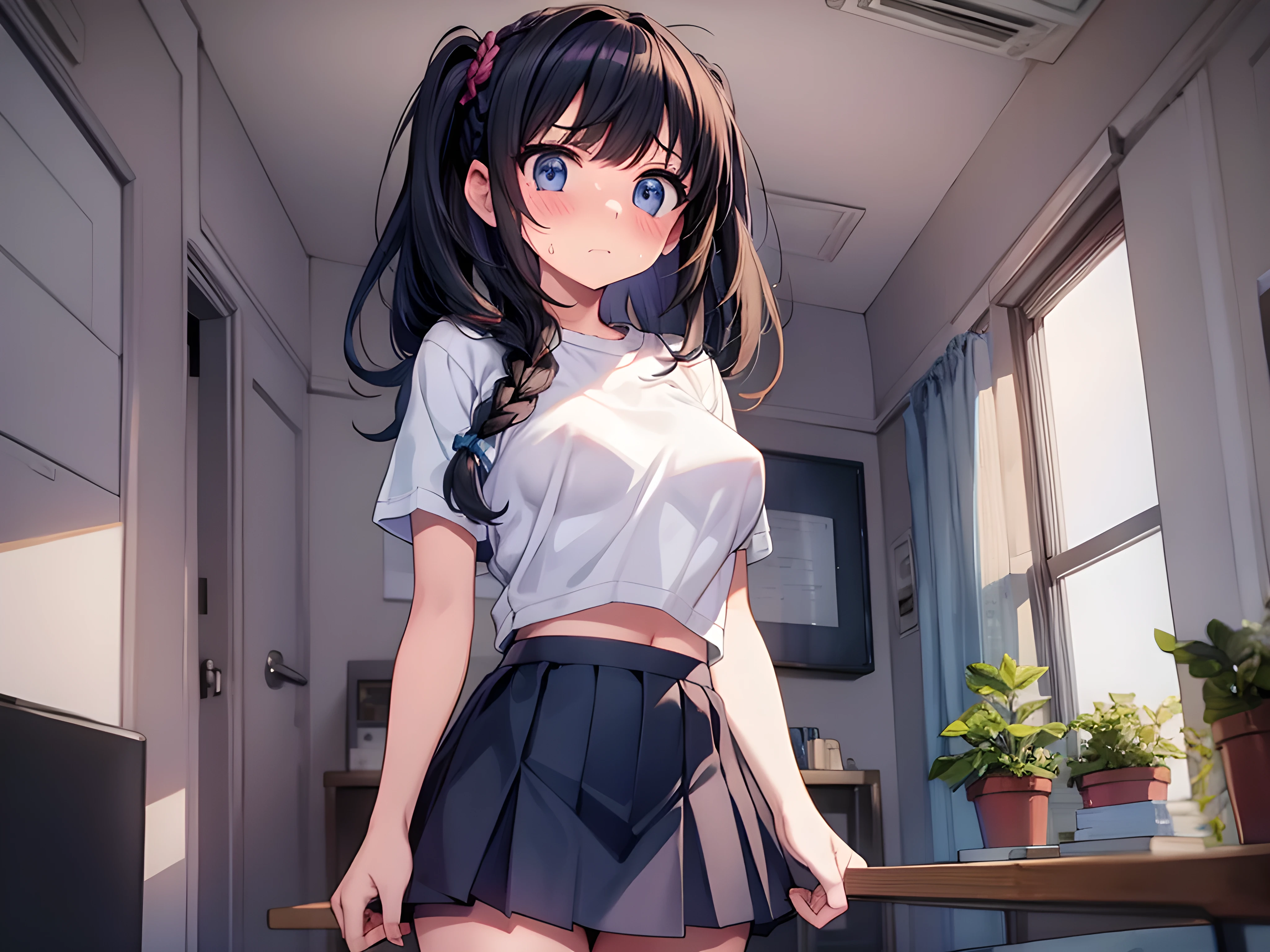 masterpiece, best quality, highly detailed,high resolution,anime coloring,BRAKE
1girl,black hair,low twintail,Braid,t-shirt,shirt lift,under boob,small breasts,upturned nipples,nipple slip,(embarrassed:1.2),sweat,skirt,cute girl room,