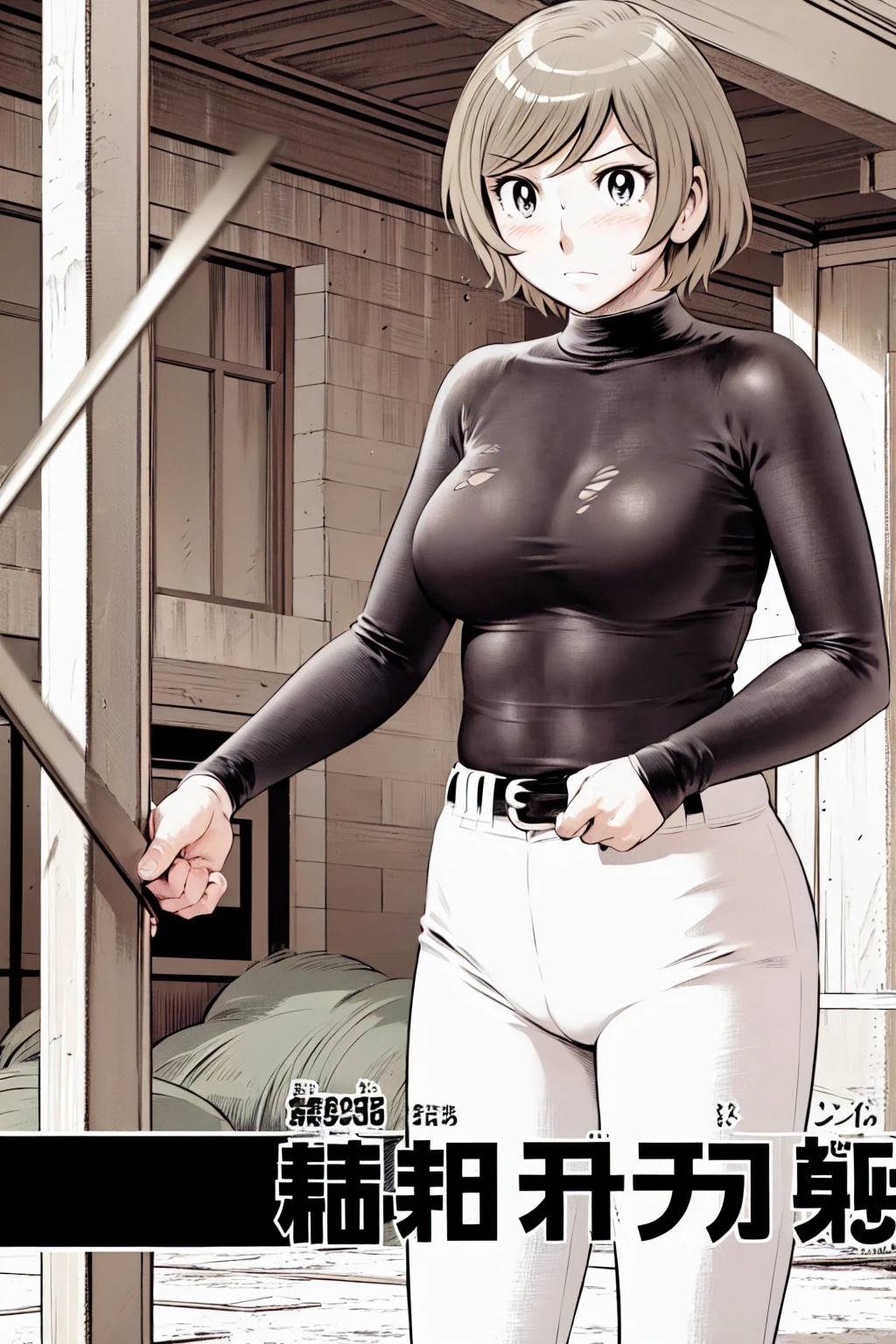 (野球uniform:1.2),
blonde, (short hair:1.2),Long sleeve, Black Shirt, turtleneck,White trousers、uniform、Black belt、((Illustration of a person))、big 、Muddy、Soil stains、ドロドロのuniform、
View your audience,, (Highest quality:1.3),One Girl, White pants、uniform、Outdoor、baseball ground、ground、soil、blue eyes、Tight black shirt、(masterpiece、Highest quality)、Highest quality, Ultra-high resolution, (((masterpiece))), alone, Sweat、big eyes、big Breasts、Torn clothes、 Fully exposed、Nipples、One Girl, Front view、Embarrassed face、Bronze colored hair、((short hair))、Stand up straight、Cowboy Shot
