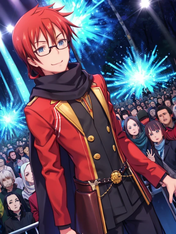 One Man、Red Hair、A little long hair、Blue Eyes、Smile、Glasses、Bouncy hair、Long scarf、Red long jacket、Black trousers、In the woods、Watching the audience、