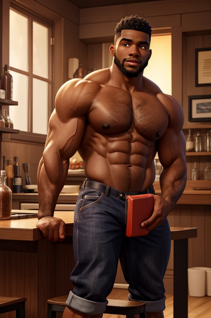 a hot black male, savon jackson, well-trimmed beard, dark skin, fade haircut, early 20s, sitting on bar stool in modern kitchen, beefy muscular body, big juicy jiggly pecs, extremely detailed, realistic, photorealistic, 8k, high quality, cinematic lighting, dramatic shadows, warm color tones